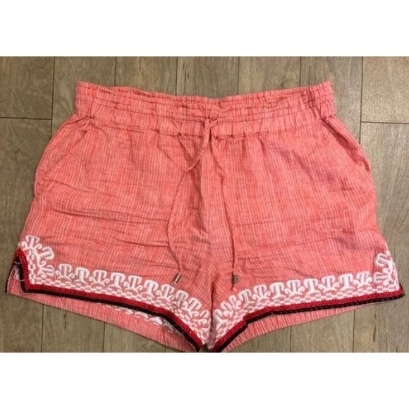 Anthropologie Beachcomber Linen Embroidered‎ Shorts Drawstring Waist Coral S - Picture 2 of 7